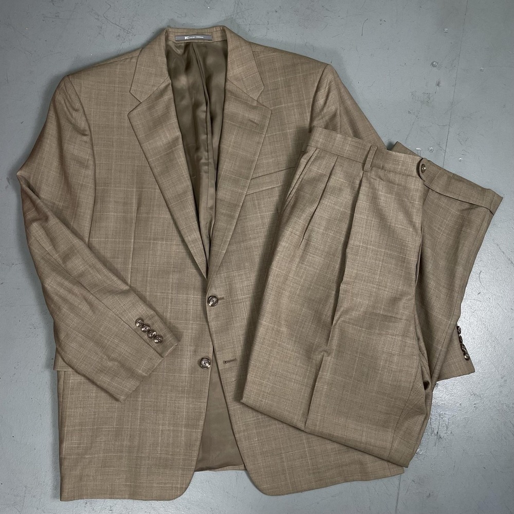 Lori Piana Suit Mens 43R Beige Plaid Wool 2 Pc 38x30 Hickey Freeman Nordstrom